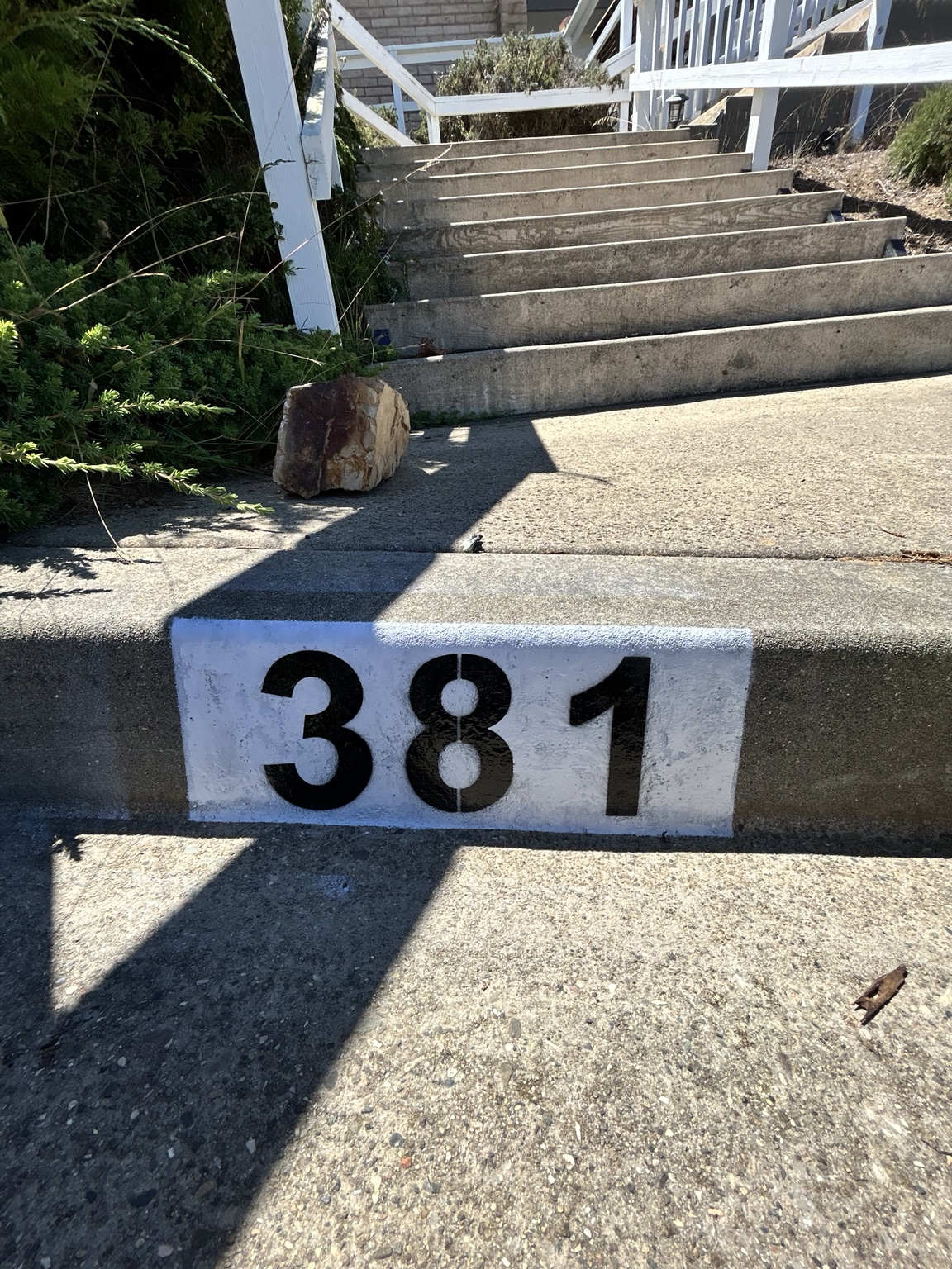 Black stencil address 381 on a white curb background